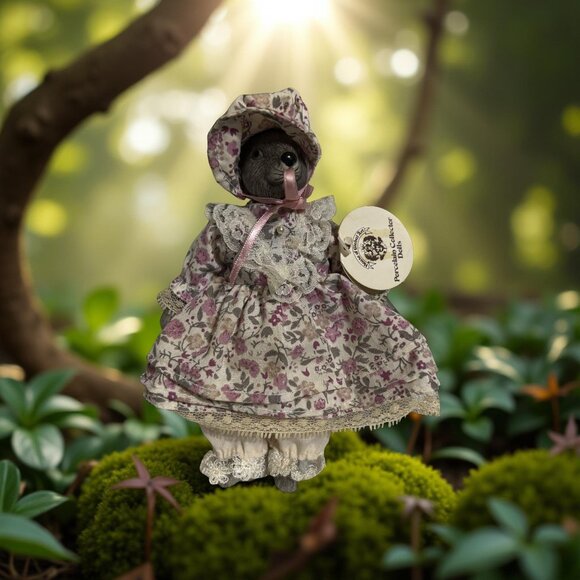 6.5” Porcelain Mouse Doll in Bonnet & Calico Dress – Cloth Body, Bisque Head/Han - Picture 3 of 8